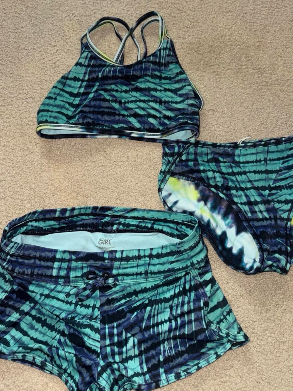 Athleta Girls Teal and Navy Abstract Stripe 3-Piece Swim Set